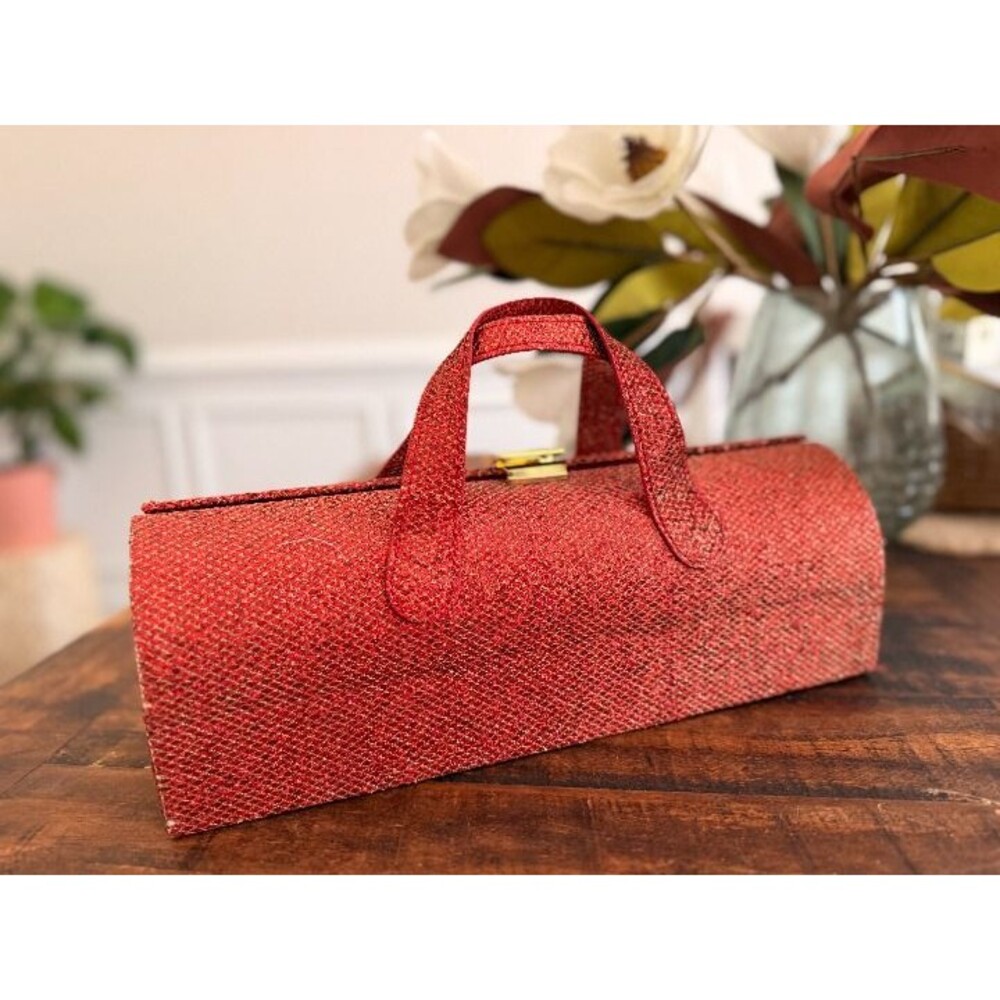 Vintage Red Metallic Gold Sparkle Barrel Bag Top Handle Clutch Purse